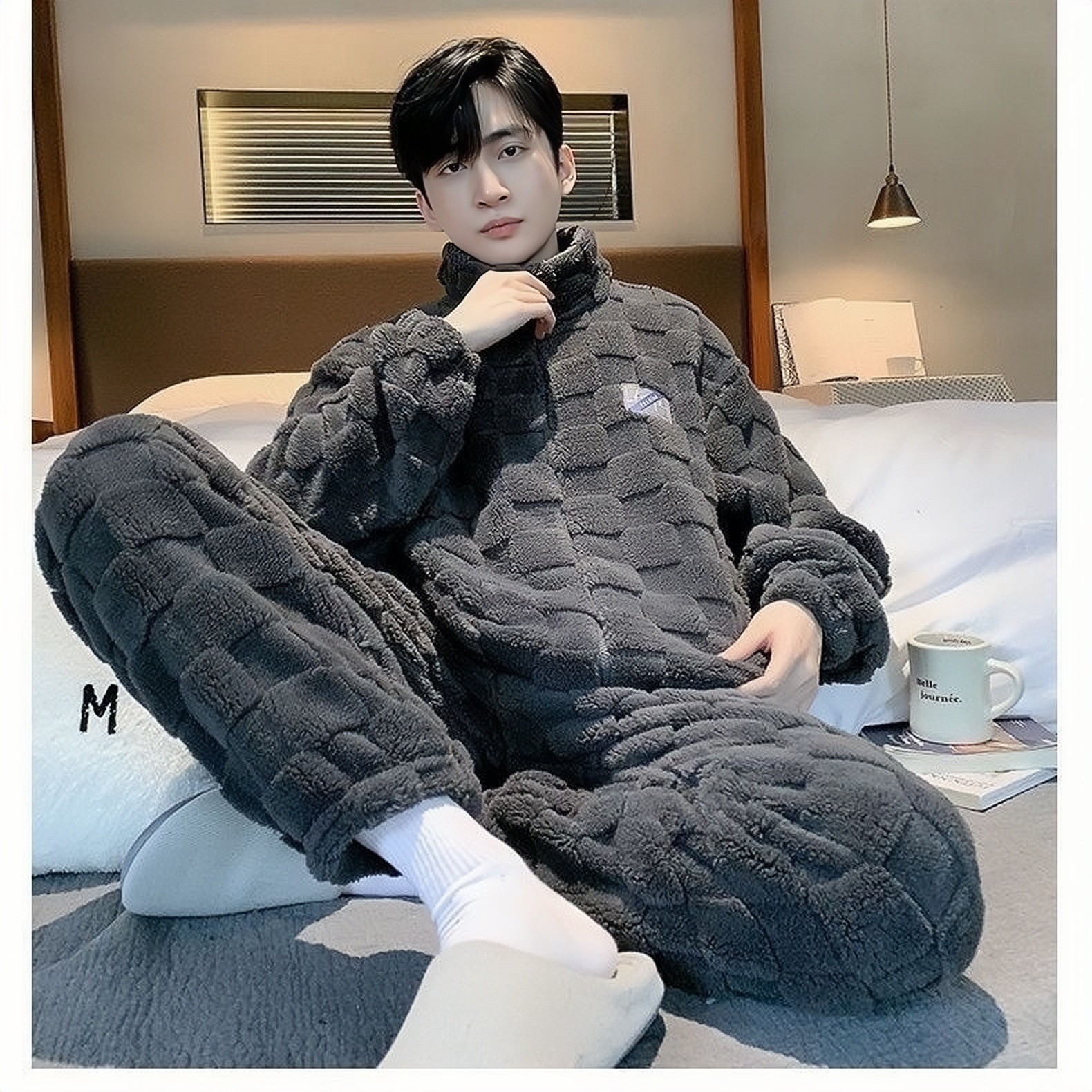 Пижама для мужчин, модная, с молнией, утолщенная, флисовая, тёплая, осенняя и зимняя, молодежный стиль