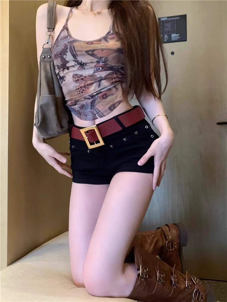 American Style Spice Girls Y2K Rivet Denim Shorts Women's Summer Small Low Waist Slim-fit Sexy Hip Hot Pants