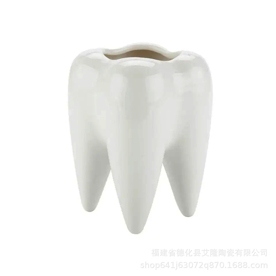 Nordic Ins Style Creative Funny Ceramic Pen Storage Decorative Ornaments Tooth Shape Toothbrush Cup Sundries Storage Flower Pot