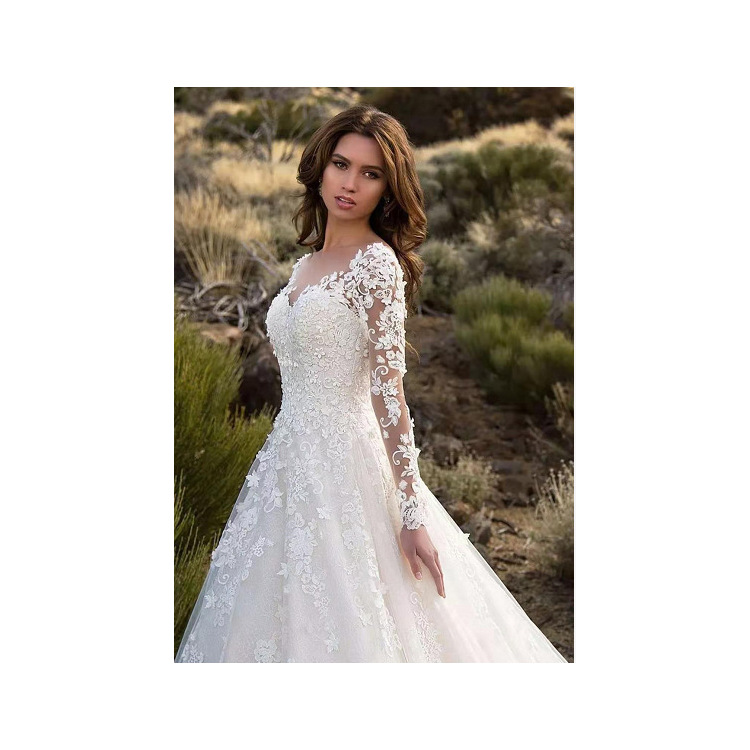 2025 summer new European and American women's Amazon long sleeve off shoulder bridal wedding dress dress dress 8801