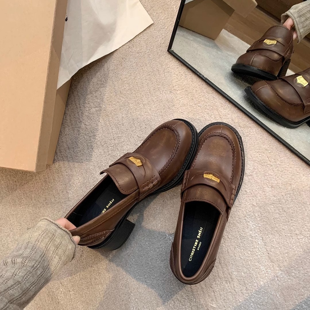 Ready in Stock and Shipped in Seconds! Grape Mom's Same Style Retro British Style Round-Toe Small Gold Coin One-Leg Thick-Soled Loafers