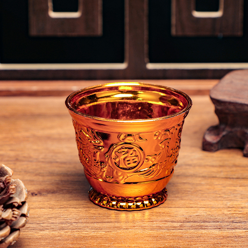 Golden Plastic Worshipping Cup Dragon and Phoenix Relief Ancestral Temple Worshipment of God Buddha Worshipping Table for Wine Glass Buddha Tools Water Purification Cup
