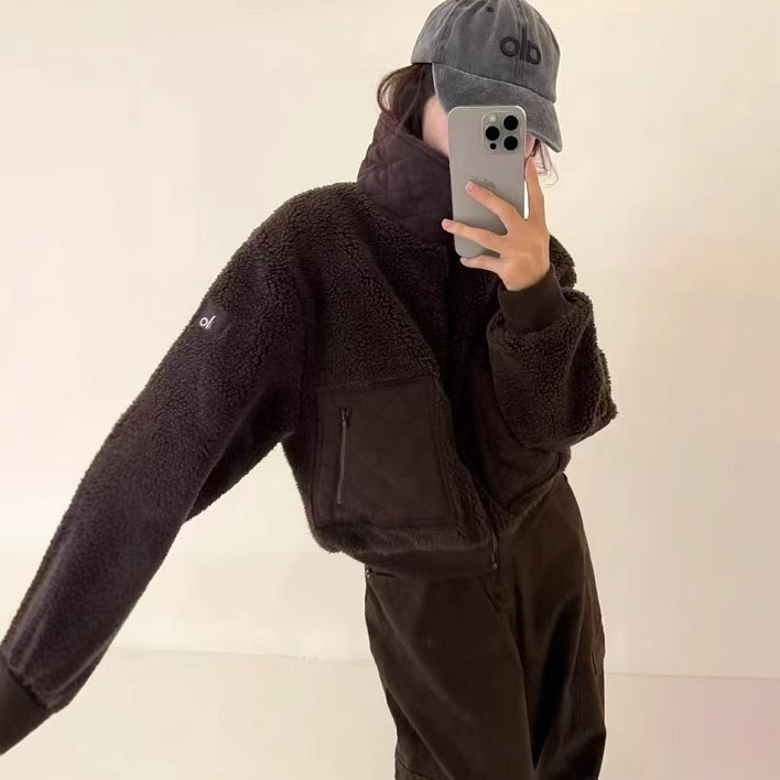 Alo Same Style 25 Autumn/Winter New Lamb Wool Short Coat Thickened Warm Stand Collar Zipper Jacket Cotton Coat