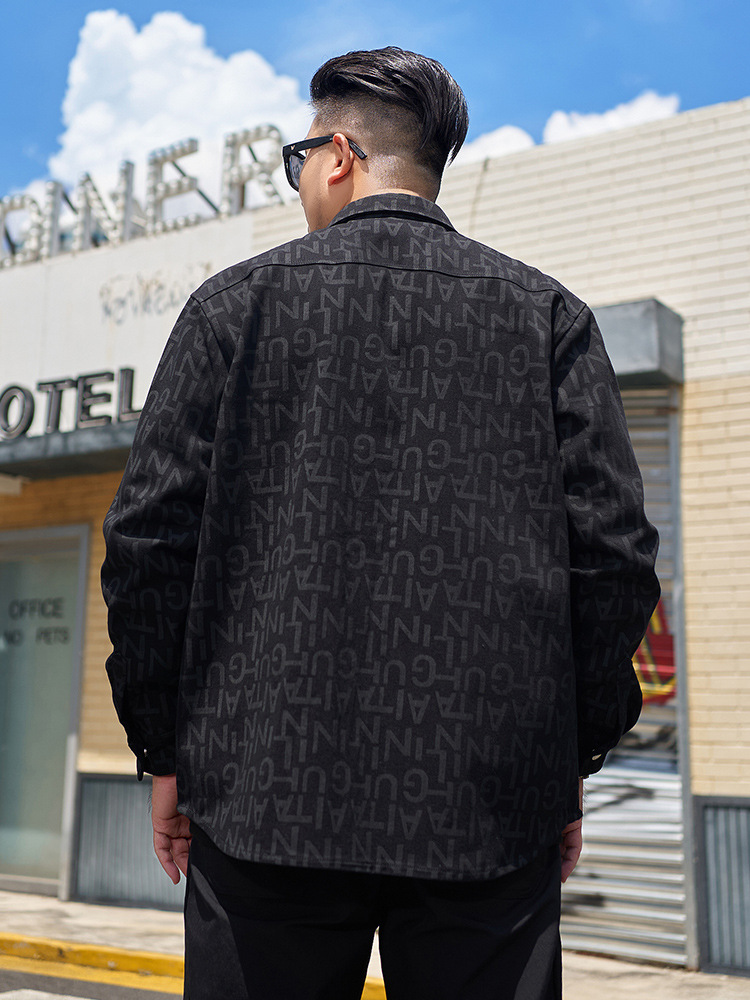 [Denim Shirt Jacket] plus size Men's Street Fashion Snaps Letter Printed Lapel Washable Loose Men's Jacket