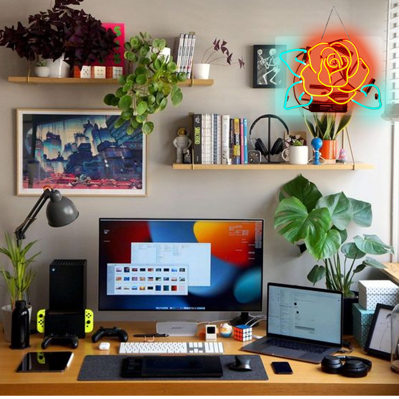 Rose Glass Neon Light Glowing Home Decoration Neon Light Red and Green Cross-Border E-Commerce Retro Neon Tube