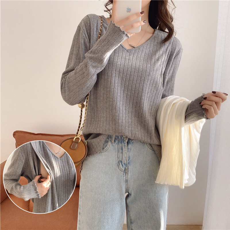 Breastfeeding Bottoming Shirt, Postpartum Breast Clothing with V Neck Top, Spring & Fall Long-Sleeved Outer Wear, Breastfeeding Clothes, Hot Mom Style Cotton