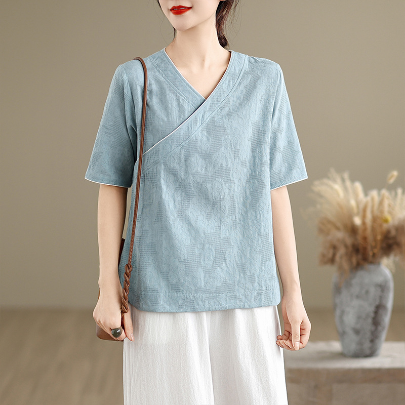 Summer New Style Chinese Women's Clothing, Artistic Retro Cotton and Linen Short-Sleeved Collared Tops, Casual Zen Tea Suits