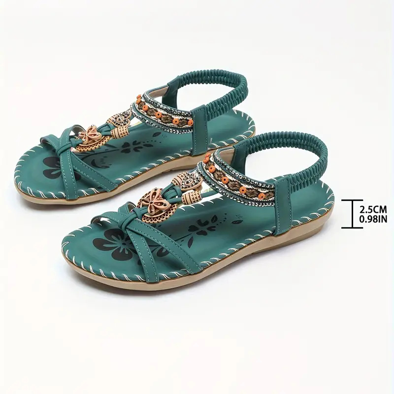Bohemian 2024 Spring New Cross-Border Large Size Flats Flower Rhinestone Sandals Open Toe Outer Beach Sandals