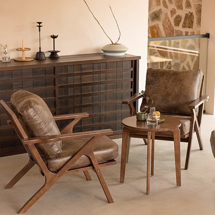 Vintage Bronzing Cloth Solid Wood Single Sofa Chair Restaurant Cafe Solid Wood Table and Chair Combination Household Living Room Leisure Chair