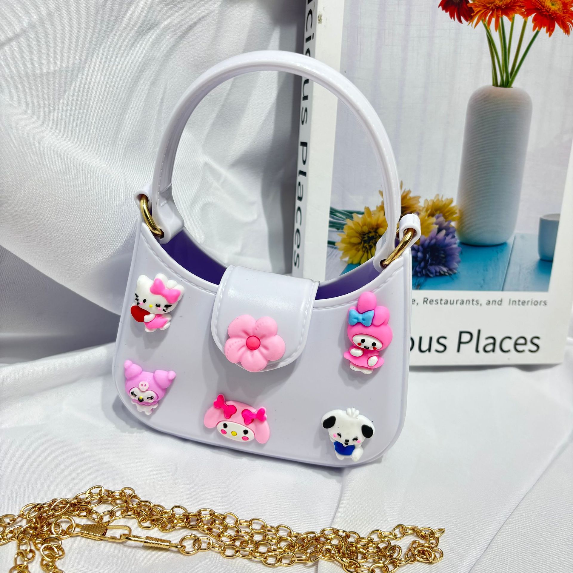 Cross-border foreign trade jelly bag cute sweet multi-color fresh shoulder slung applique children's cute chain clutch
