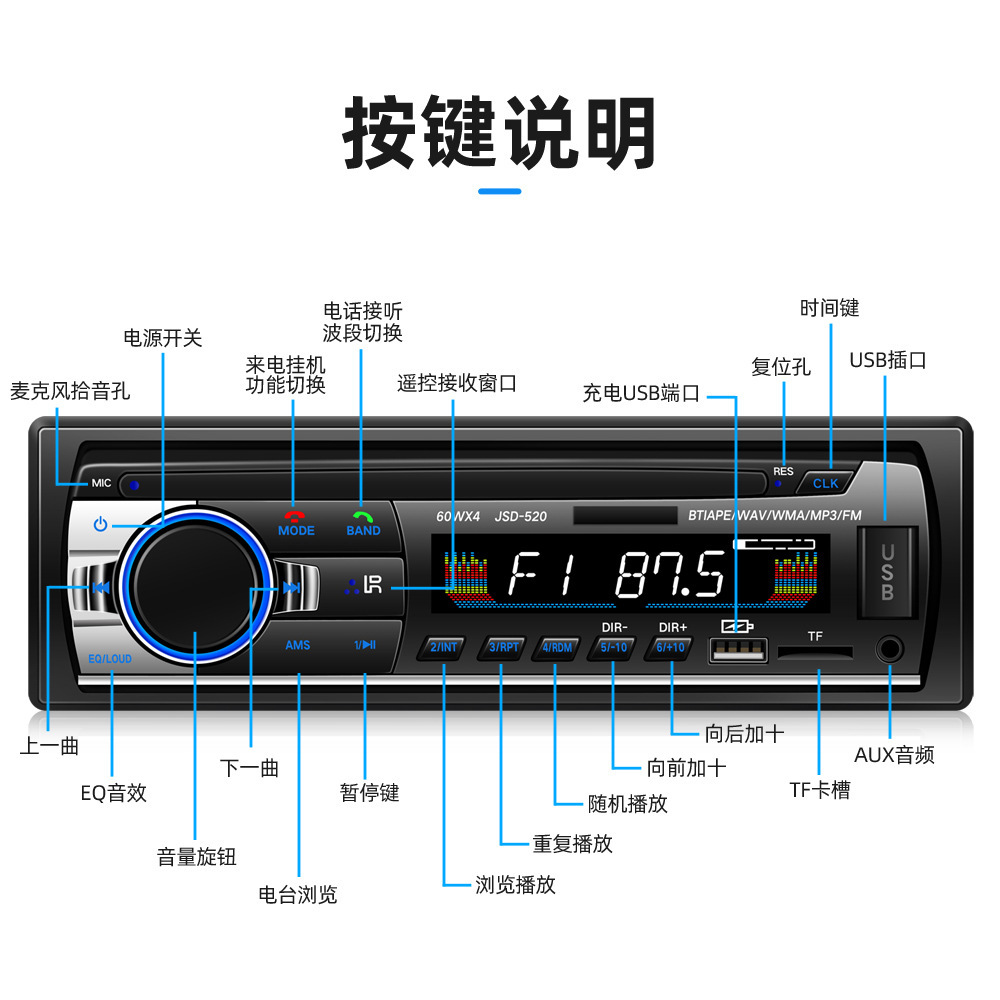 Hot Selling Jsd-520 Intelligent Voice Car Mp3 Bluetooth Player Card Machine Fm Radio Instead of Cd