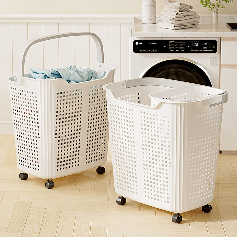 Factory Direct Sales Portable Wheeled Storage Basket Dirty Clothes Basket Household Bathroom Large Capacity Plastic Thickened Breathable Dirty Clothes Basket