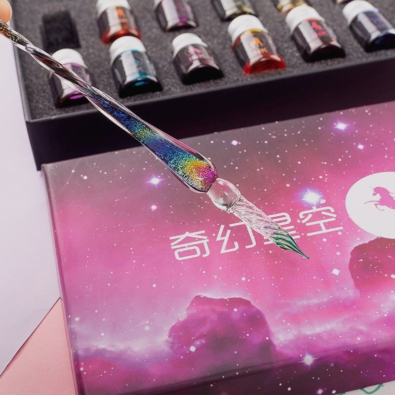 Glass Pen Starry Sky Dip Water Pen Crystal Pen Antique Colored Ink quicksand Pen Student Internet Celebrous Birthday Gift Box suit