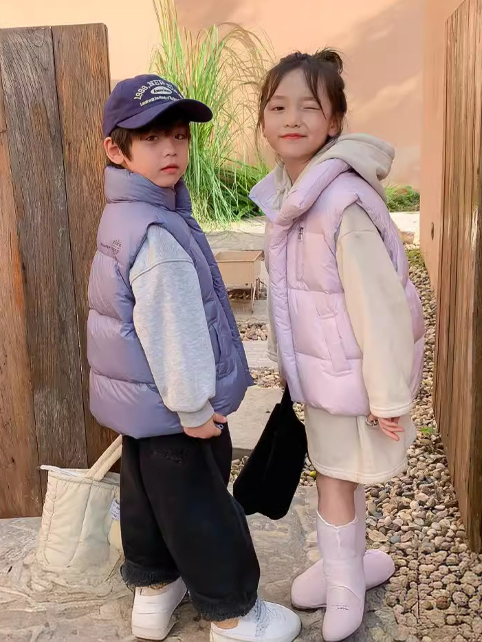 2024 New Children's Down Vest Men's and Women's Middle and Big Children's Vertical Collar Ware White Duck Down Outer Wearing Vest