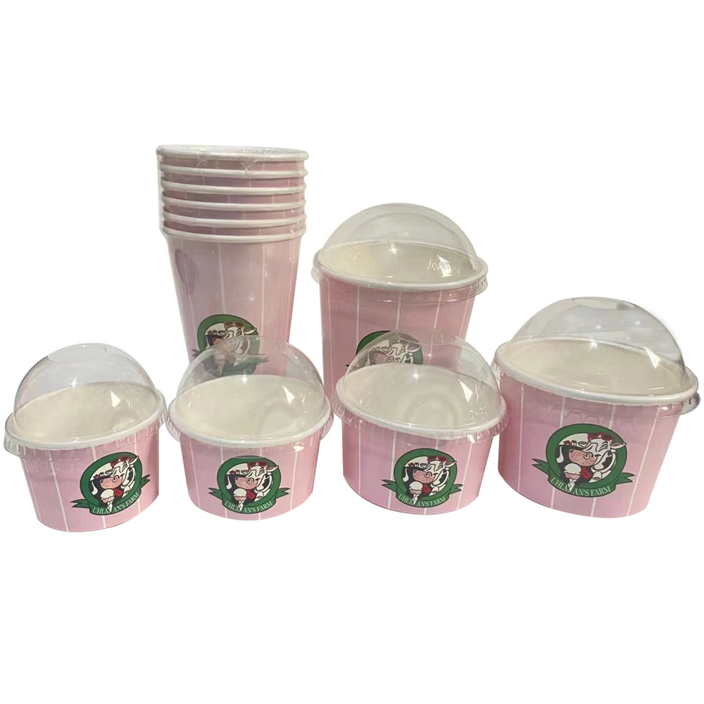 The Factory Specializes in Producing Ice Cream Cups, Ice Cream Cold Drink Paper Cups with Pet Arch-Shaped Paper Lids, 8oz Snack Cups