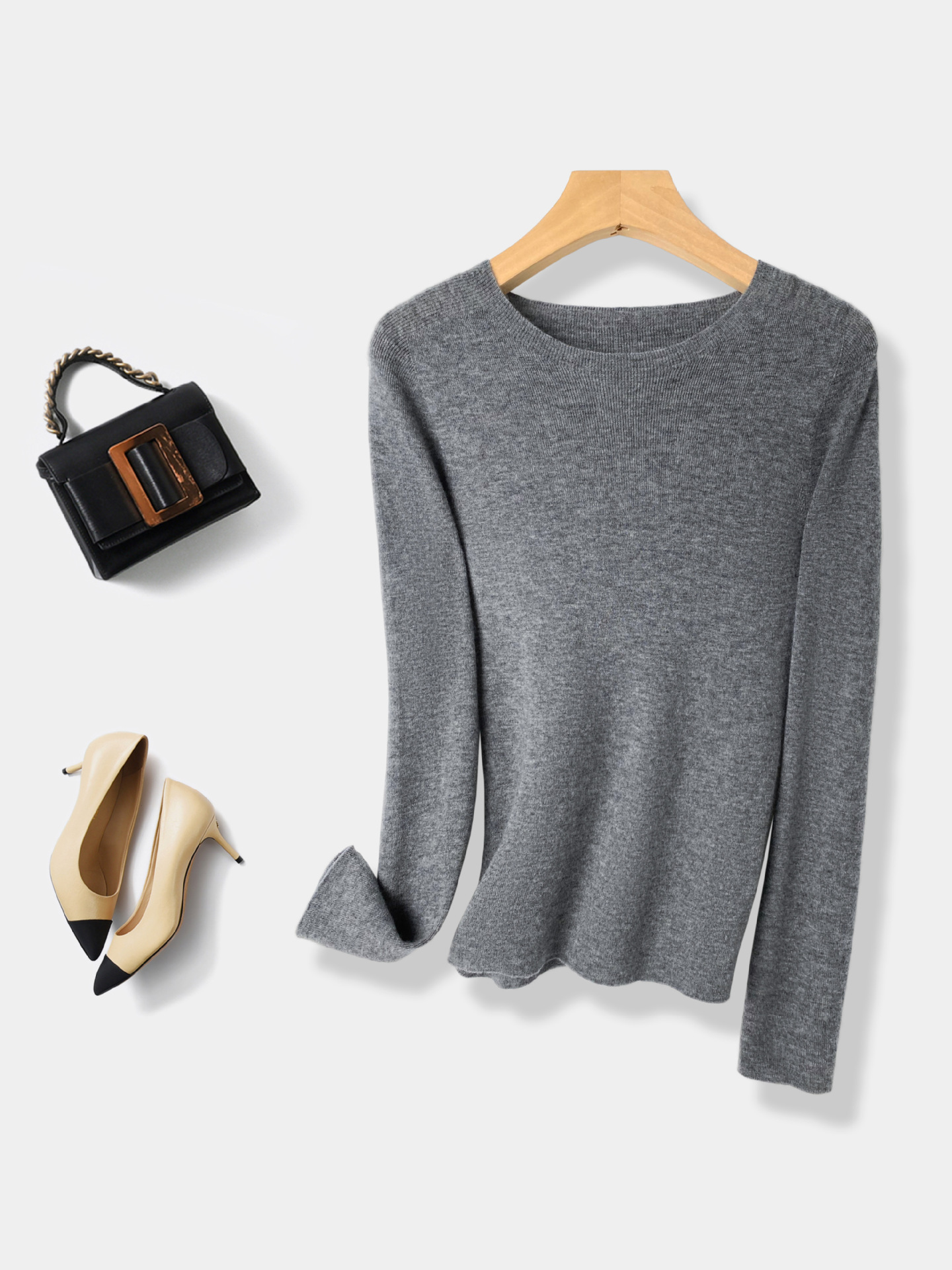 Machine Washable 60-Count Seamless Base Shirt, Round Neck, 100% Wool Knit Sweater for Women, Autumn and Winter Slim-Fit Thin Sweater for Women