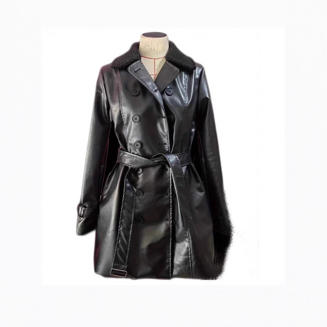 Cross-border Foreign Trade Women's Coat British-style Thickened Fur Collar Mid-length Leather Motorcycle-style Leather Jacket Women's Coat