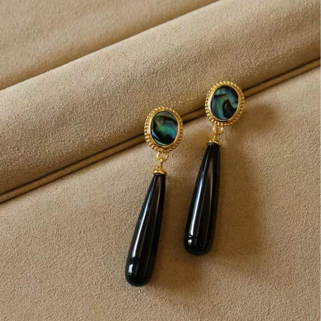 Ретро круглые серьги из натуральной абалоновой раковины черного агата каплевидные серьги оптом высококачественные женские украшения