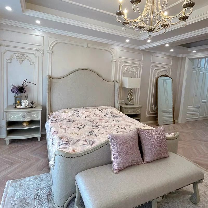 American Art Summer Picture Double Bed Bedroom Furniture Combination with Solid Wood Bedside Table, Bedside Stool, Dressing Table and Drawer Cabinet