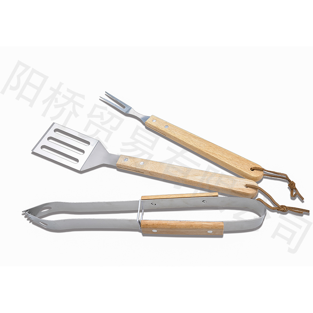 in stock manufacturers stainless steel barbecue tools suit outdoor BBQ wooden handle fork shovel clip combination barbecue full suit