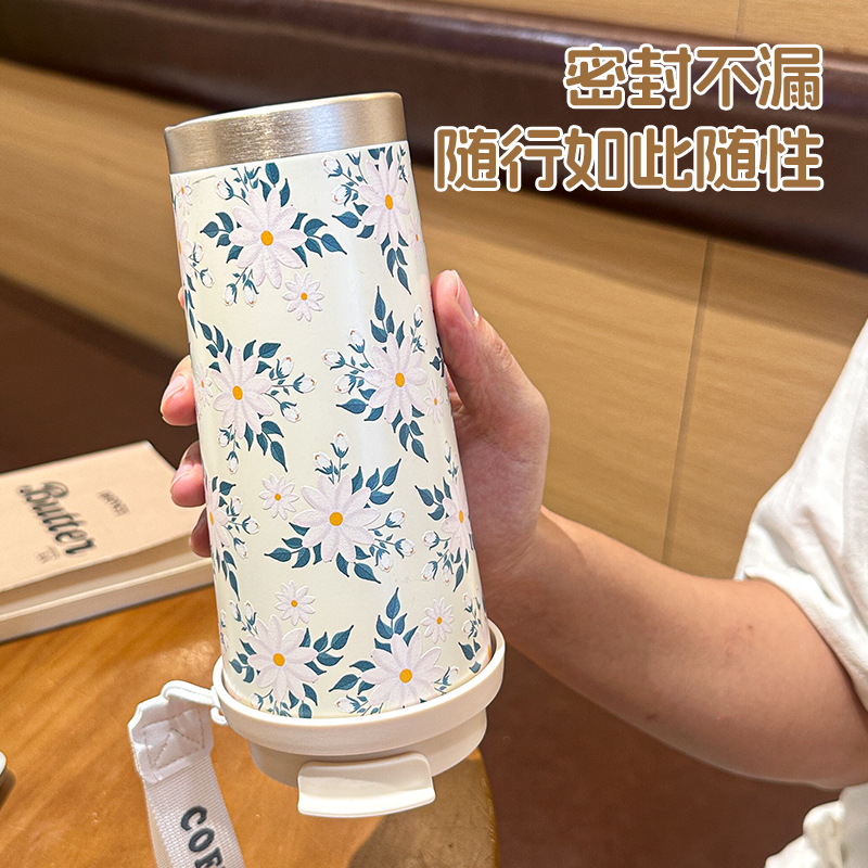 High-Looking Ceramic Liner Lily of the Valley Coffee Cup Stainless Steel Double Drink Thermos Cup Student Girl Portable Water Cup