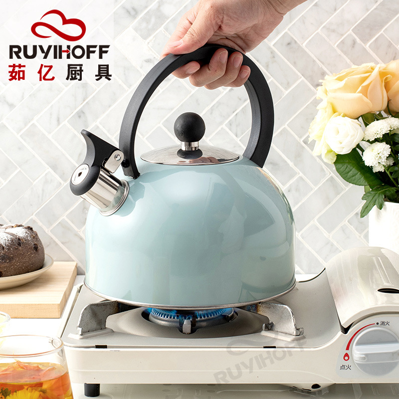 European and American kitchenware flat-bottomed beeping kettle 2.5L Amazon sky blue paint whistle kettle tea coffee
