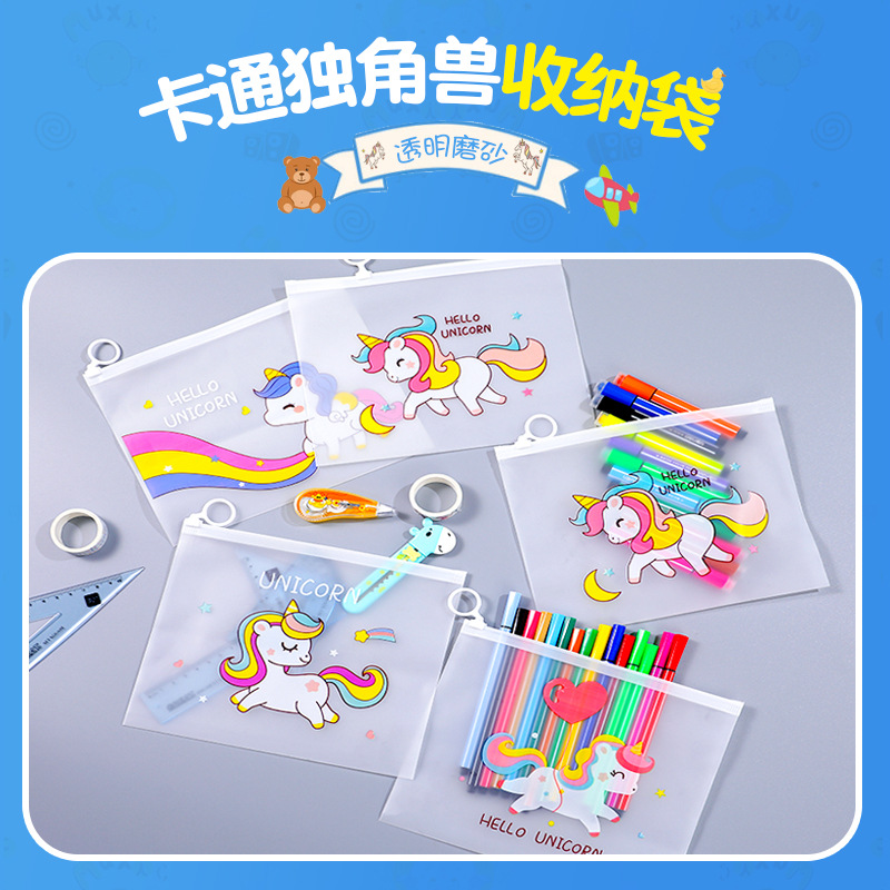 Cute Unicorn Cartoon File Storage Bag Simple Ring Zipper Bag Student Transparent Mask Storage File Bag