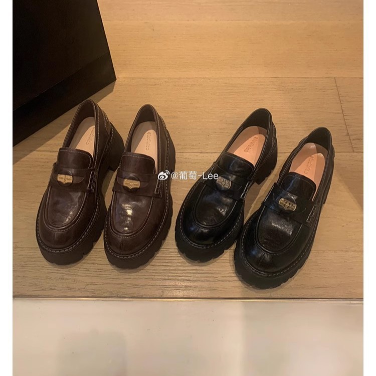 Grape Mom Same Spring and Autumn New Horse Leather Gold Coin British-style Round-head Slip-on Lazy Thick-soled LeFou Leather Shoes