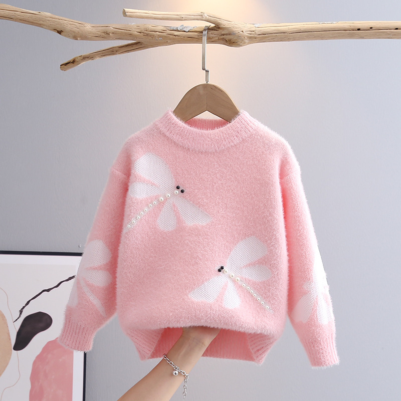 Girls' Knitwears, Bottoming Knitwears, Stylish Thickeneded Imitation Mink Velvet Girls' New Autumn and Winter Children's Pullovers for Babies