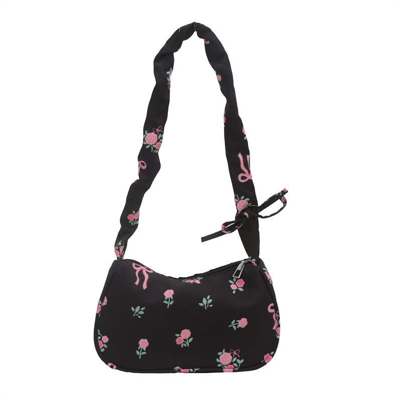 Gentle Sweet Flower Canvas Bag Women's 2025 New Drawstring Shoulder Bag High-value Floral Bow Underarm Bag