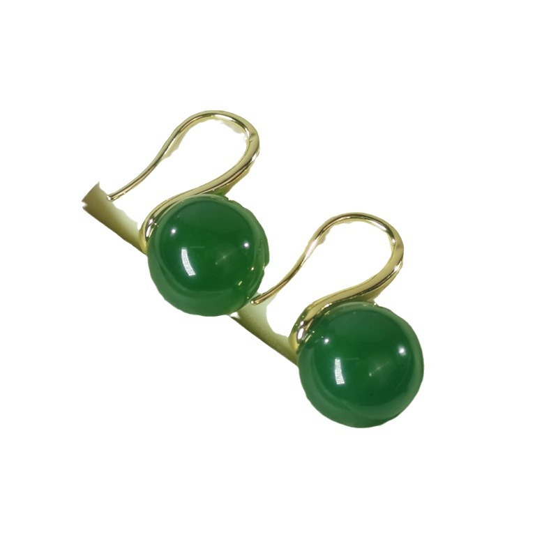 high quality round natural green chalcedony ear hook Joker classic green chalcedony earrings factory wholesale fashion new