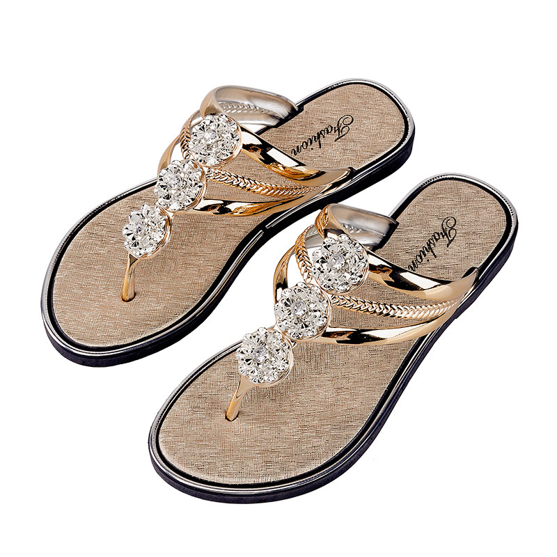 2024 Flip-flops Slippers Women's Summer Sandals with Diamonds Seaside Beach Shoes for Going Out Round Rhinestones Flat Clips Cool