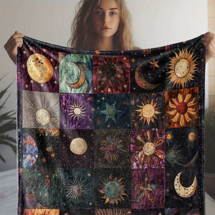 1 Piece of Vintage Sun and Moon Printed Flannel Blanket - Co