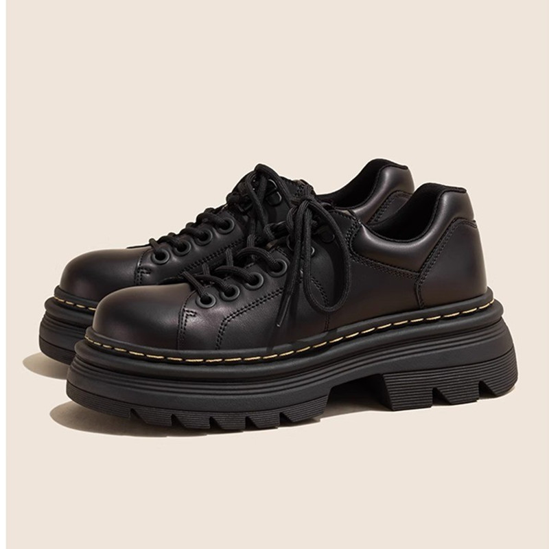 2024 New British Style Lace-up Round-toe All-match Single-layer Shoes Low-heeled Leather Shoes for Women