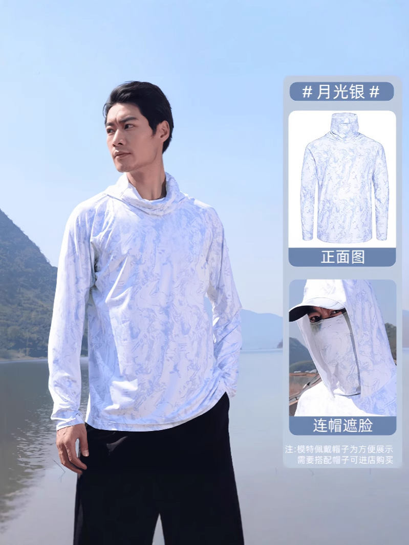 Camouflage Fishing Sun Protection Clothing for Men, Ice Silk Summer Ultra-Thin Face Covering Outdoor Fishing Anti-Uv Breathable Sun Protection Clothing for Men
