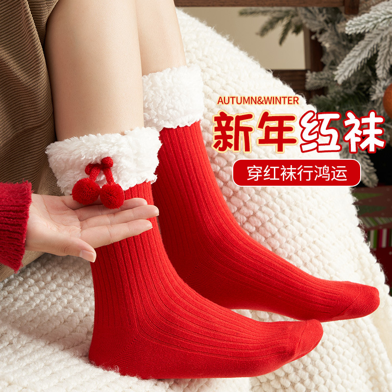 Носки Benmingnian женские осенние и зимние новогодние бархатные носки с кружевным бантом средние лолита красные носки
