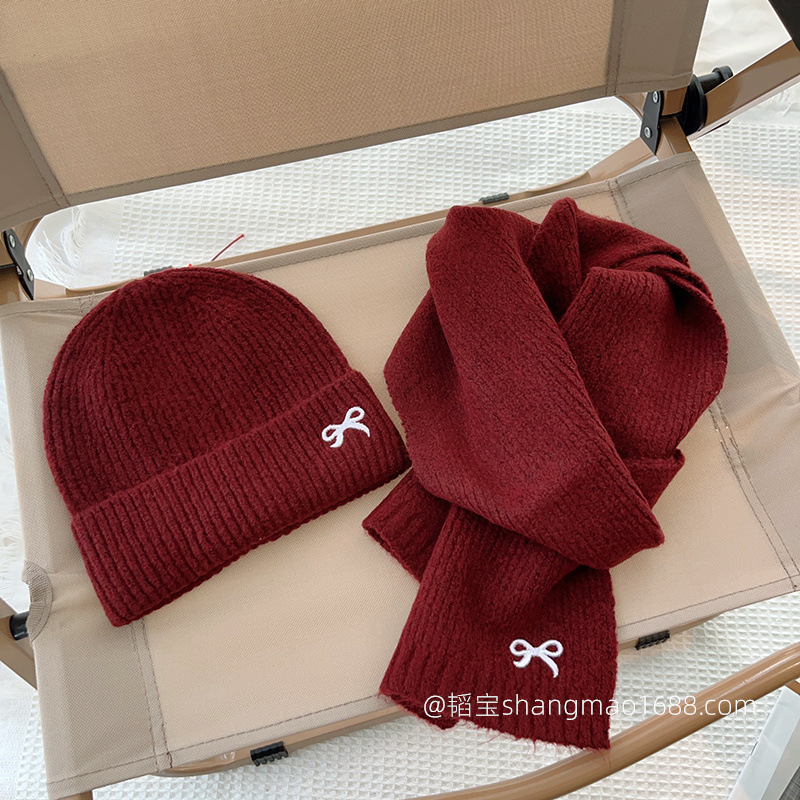 ~ Korean cute bow embroidery children's knitted hat scarf 2-piece solid color girl baby all-match set
