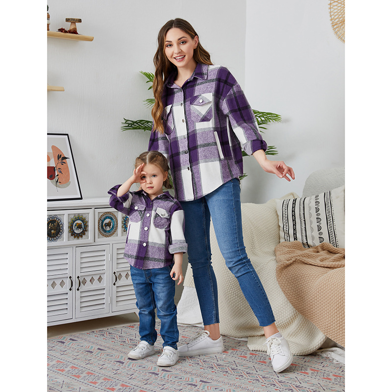 European and American Women's Casual Flannel Family Dress Plaid Lasel Buckle Long-sleeved Jacket Winter Loose Oversized Shirt