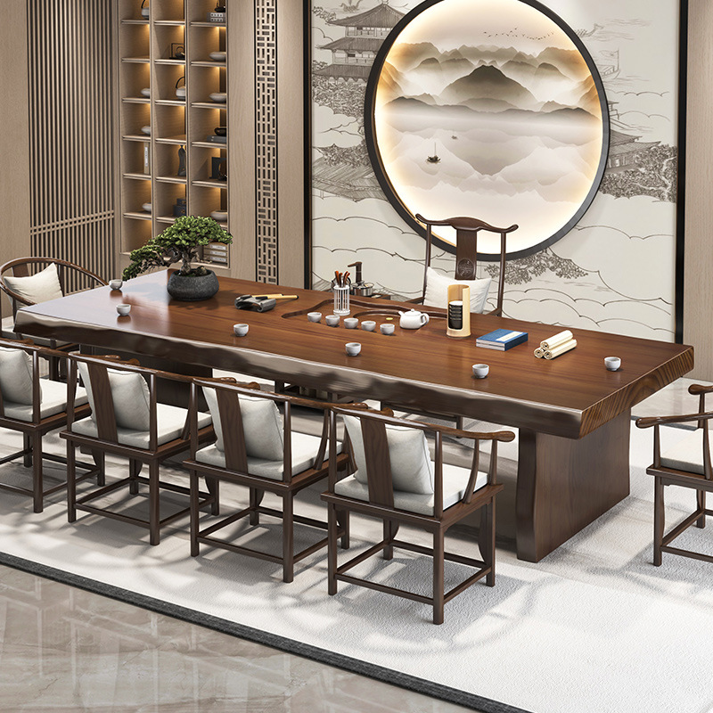 New Chinese Solid Wood Zen Big Board Tea Table Living Room Office Hotel Full Set Tea Table and Chair Combination