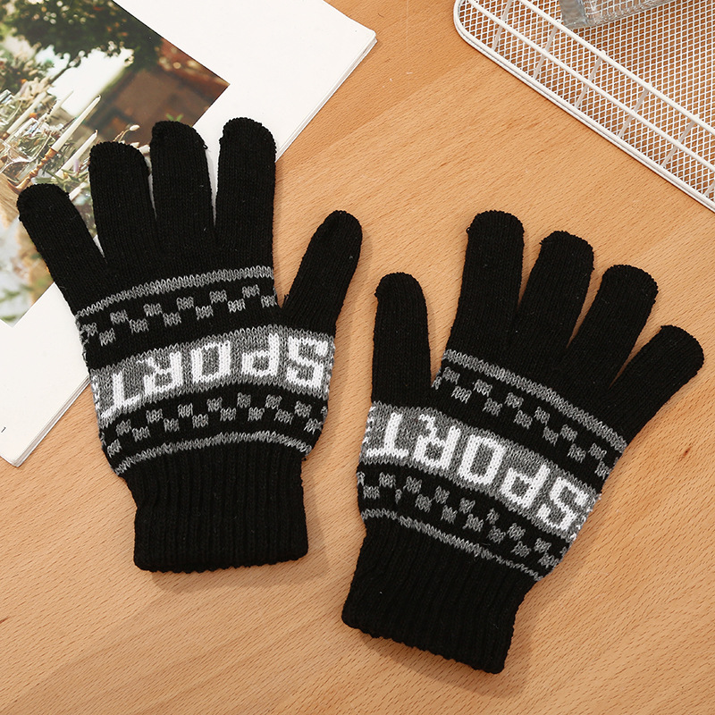 Men's Jacquard Gloves Winter Adult Outdoor Cycling Warm Fleece-lined Gloves Simple Cold-proof Windproof Plush Gloves
