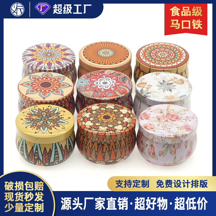 Металлическая упаковка для чая в жестяной банке этнического стиля с ароматизированными конфетами из груши и свечой для ароматерапии