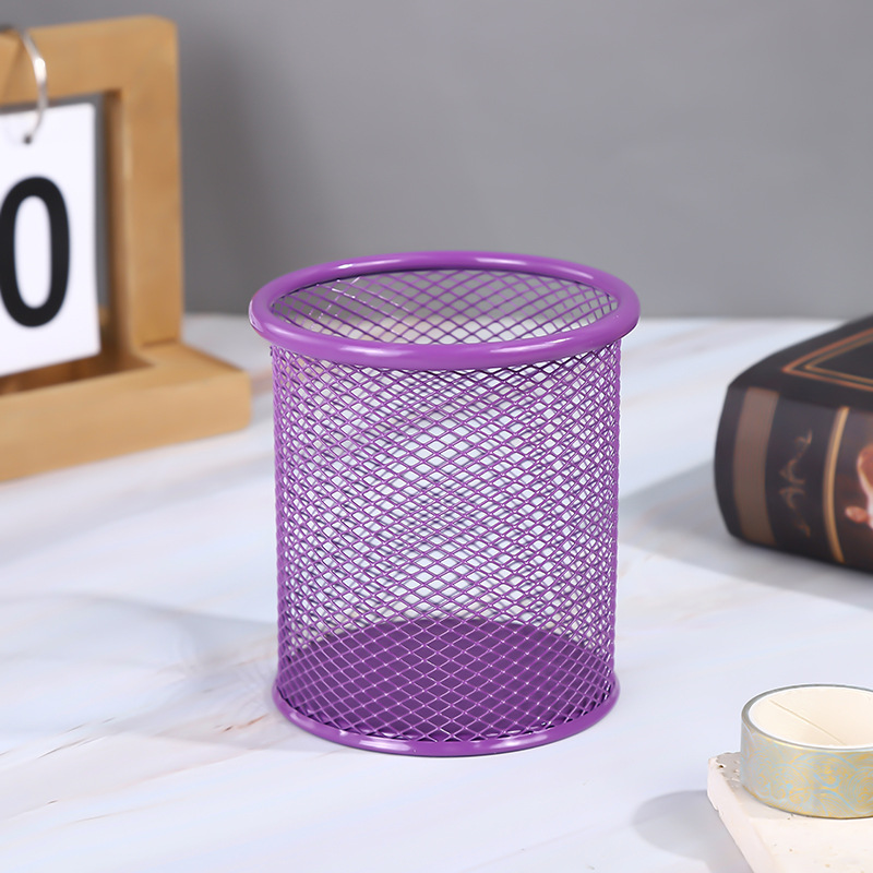 Creative round hollow multi-functional metal pen holder desktop office storage box student learning stationery