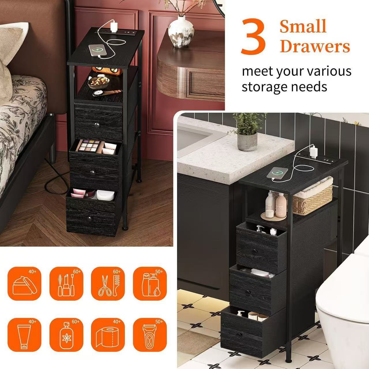 Индивидуальный узкий боковой шкаф с зарядной станцией, маленький шкаф с тремя тканевыми ящиками