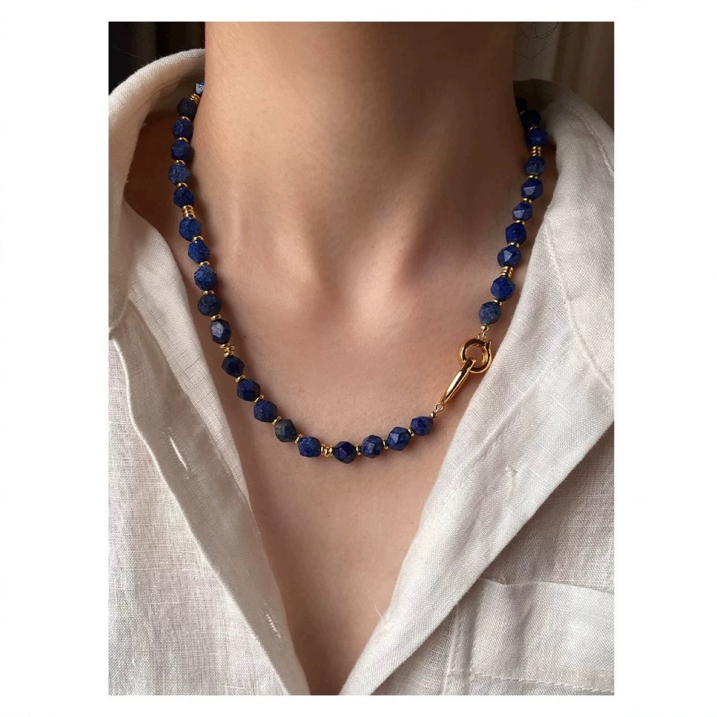 Medieval Vintage Retro Special-Shaped Cut Surface Matte Lapis Lazuli Beaded Necklace Women's Wood Grain Stone High-End Necklace