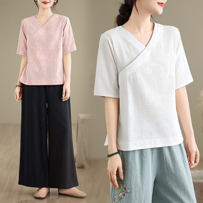 Летняя одежда для женщин в китайском стиле, короткий рукав, свободные топы