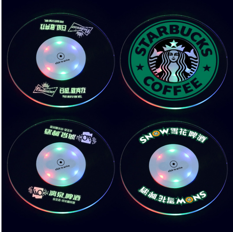 Colorful led acrylic luminous coaster ktv bar night atmosphere transparent luminous coaster flash cup stickers wholesale
