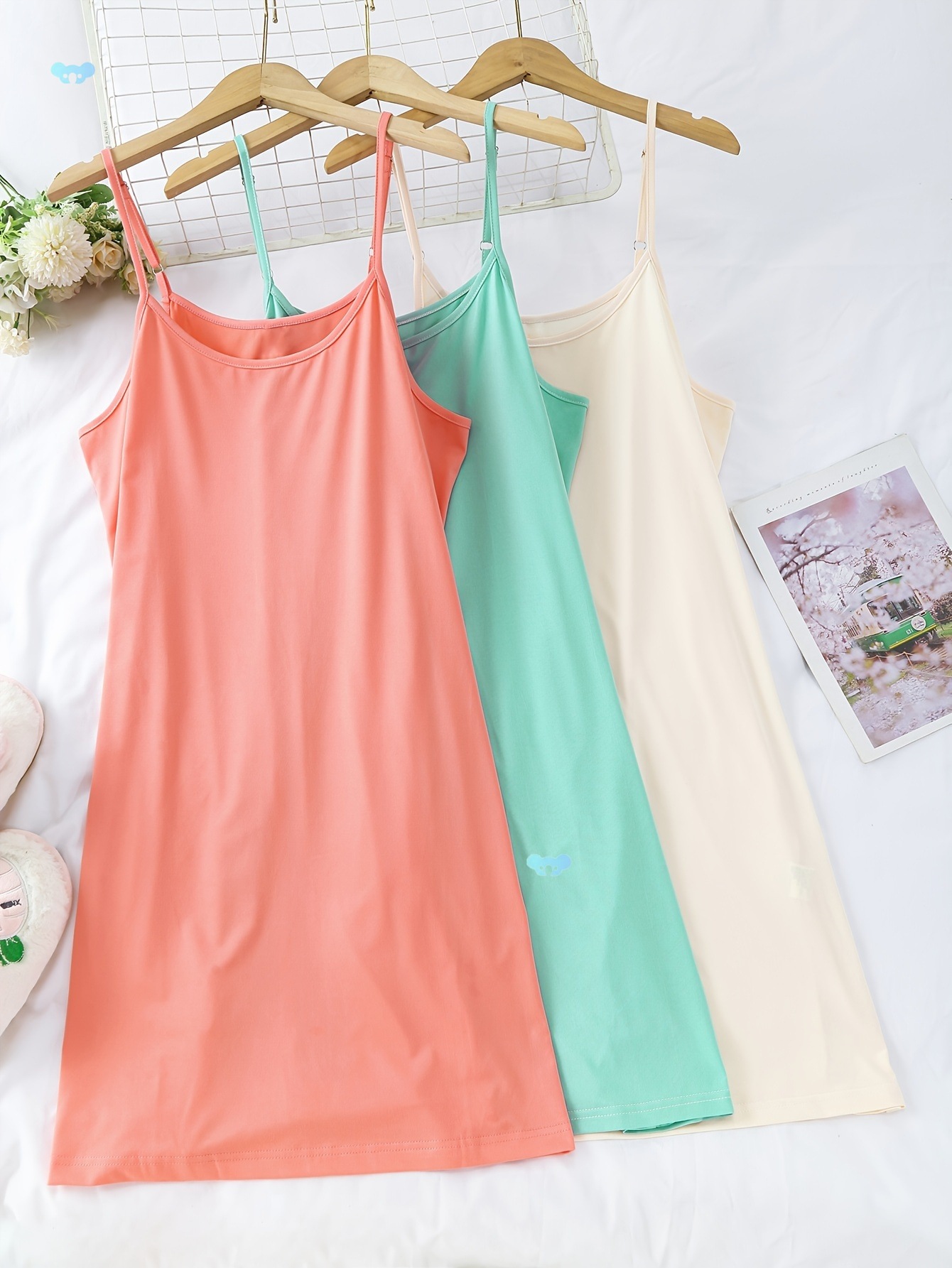 3 шт. простая ночная сорочка, круглый вырез, бретели