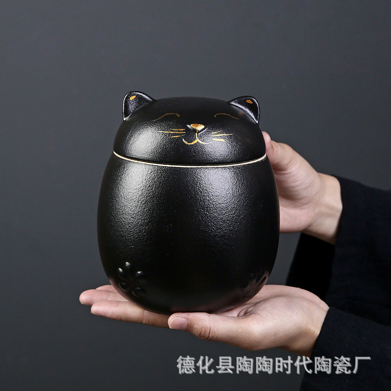 Tea Cans Lucky Cat Ornaments Tea Storage Pot Porcelain Sealed Pot Large Pot Portable Pet Curns Memorial Pot