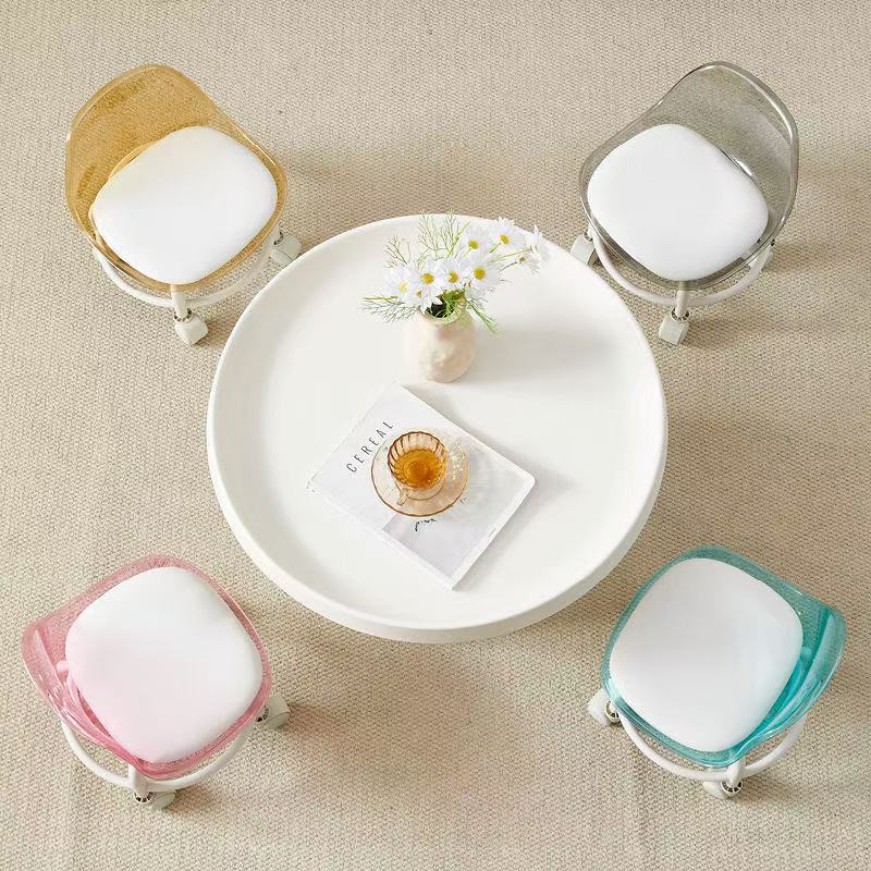 2024 Acrylic Short Backrest Small Chair Home with Baby Pulley Low Stool Transparent Chair with Universal Wheel Children's Stool