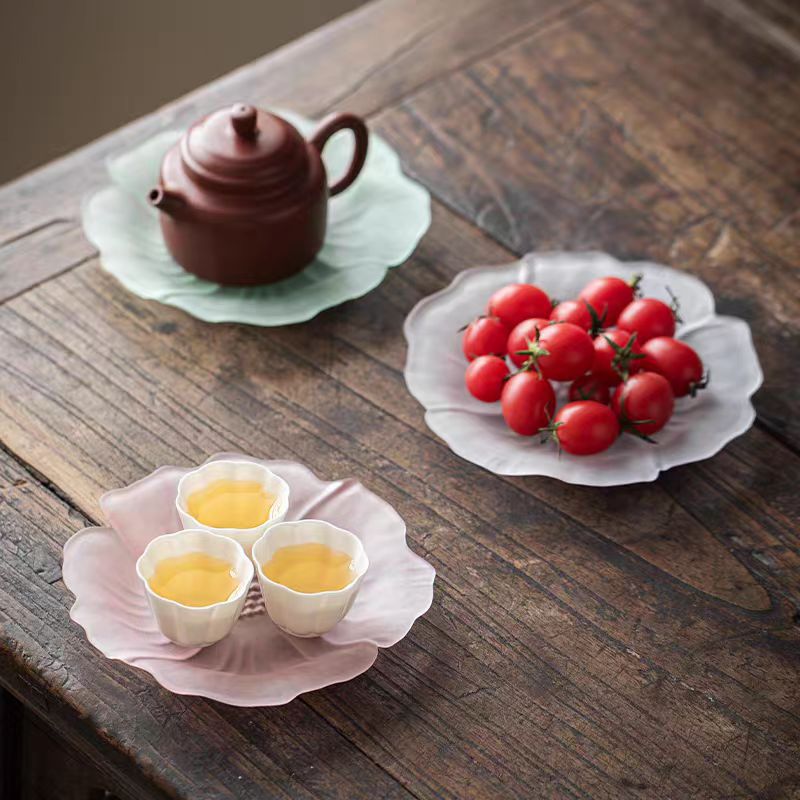 Матовый стеклянный лотос, подставка для стола, розовая и зеленая, аксессуары для чайного сервиза, маленький чайный поднос